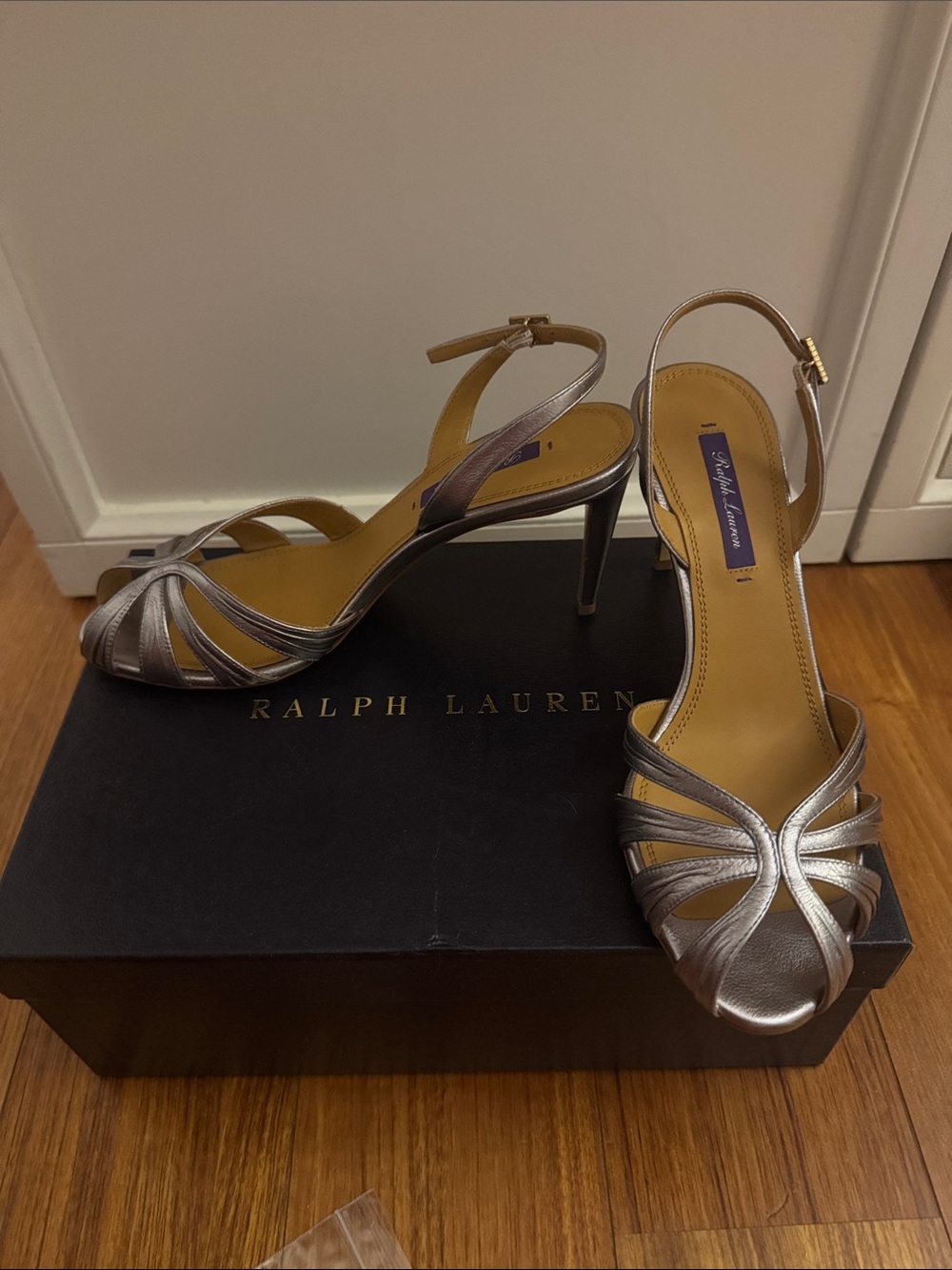 Ralph Lauren Metallic Silver Strappy Slingback Heels